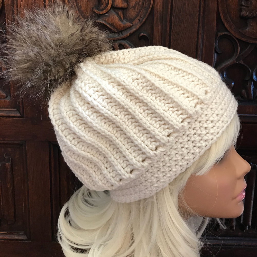 Cream Crochet Slouchy Beanie with Faux Fur Pompom